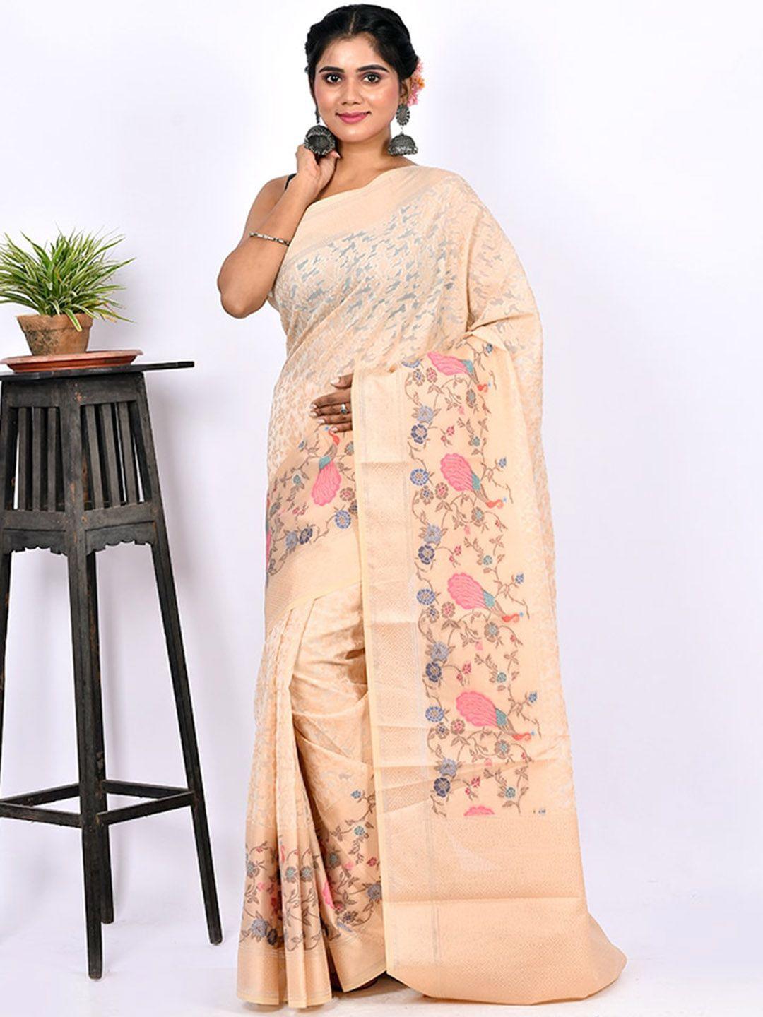 allsilks cream-coloured & pink ethnic motifs zari saree