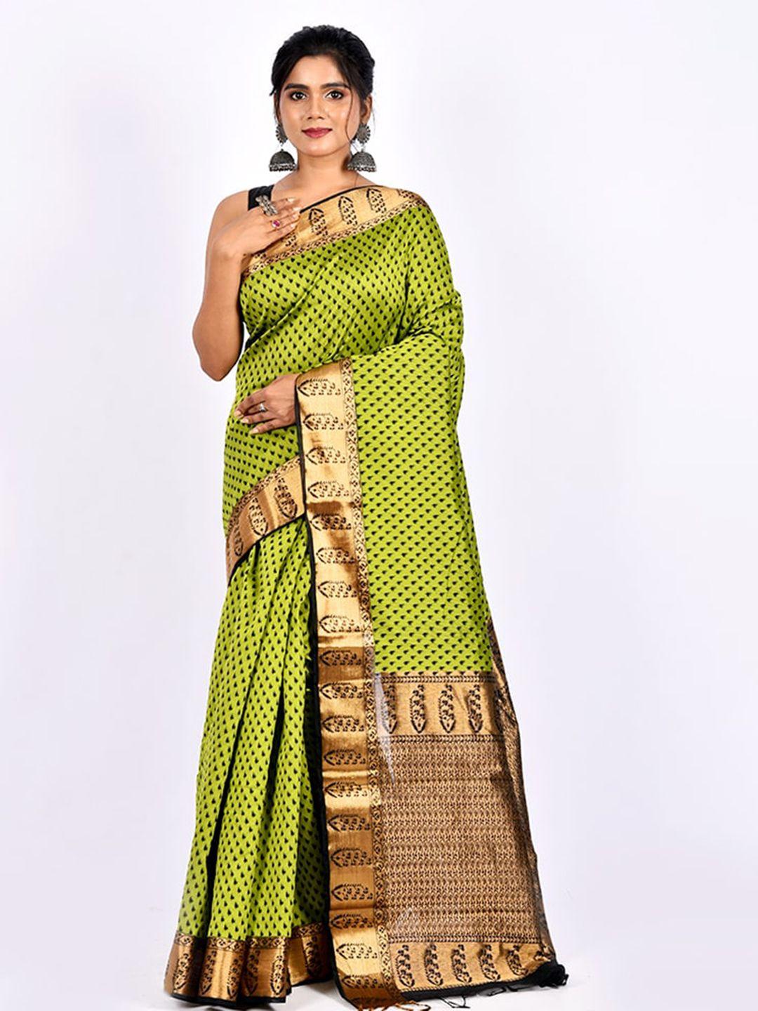 allsilks green & black ethnic motifs cotton zari saree