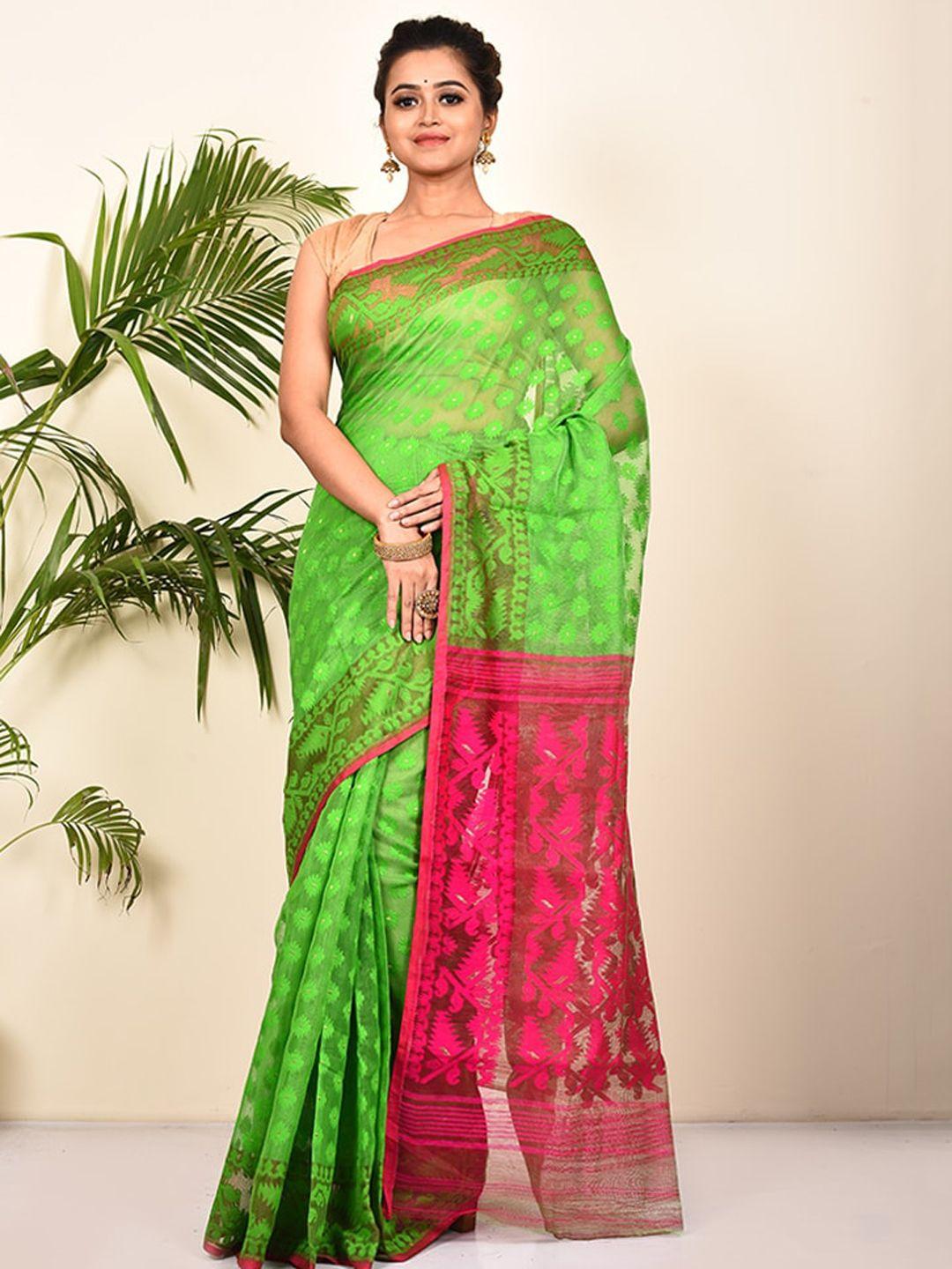 allsilks green & pink ethnic motifs pure cotton taant saree