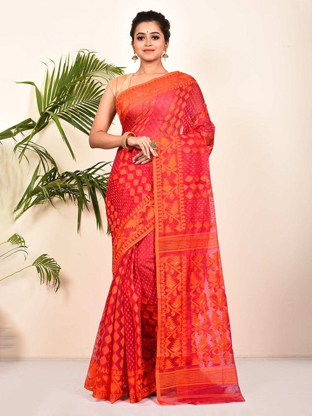 allsilks pink & orange ethnic motifs pure cotton taant saree