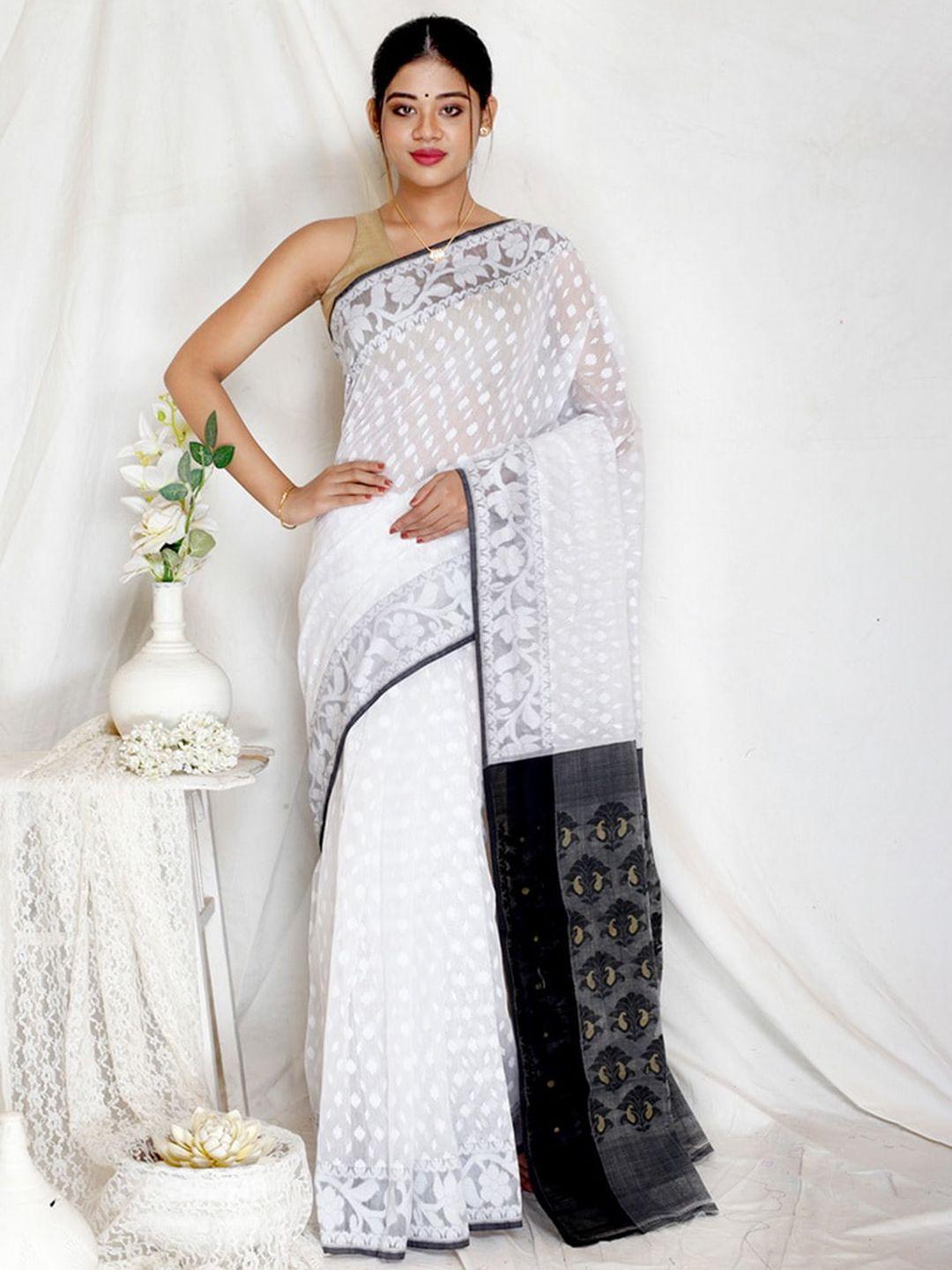 allsilks white & black floral pure cotton taant saree