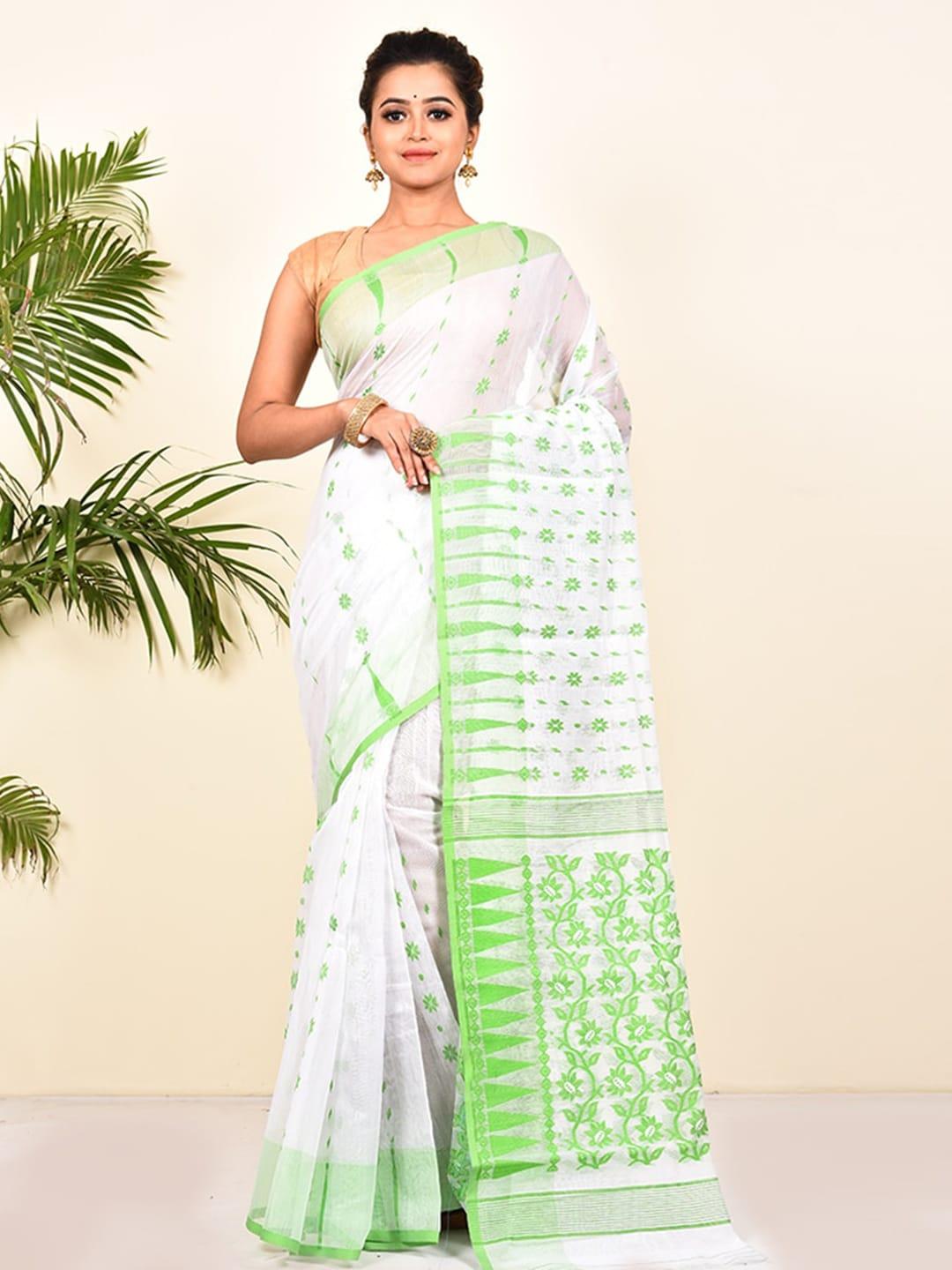 allsilks white & green ethnic motifs taant cotton saree