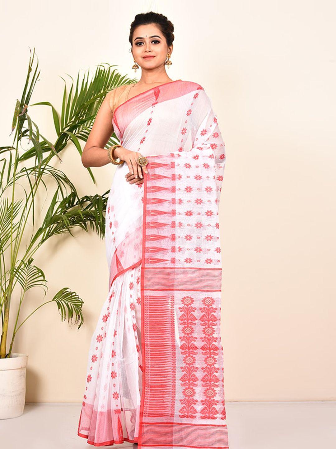 allsilks white & red ethnic motifs taant saree