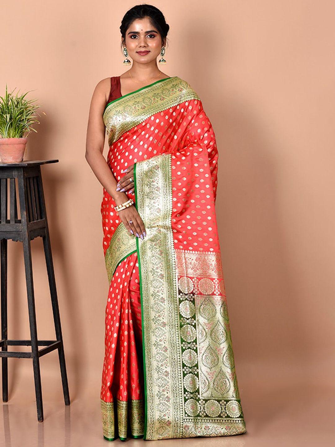 allsilks red & green woven design zari silk blend banarasi saree