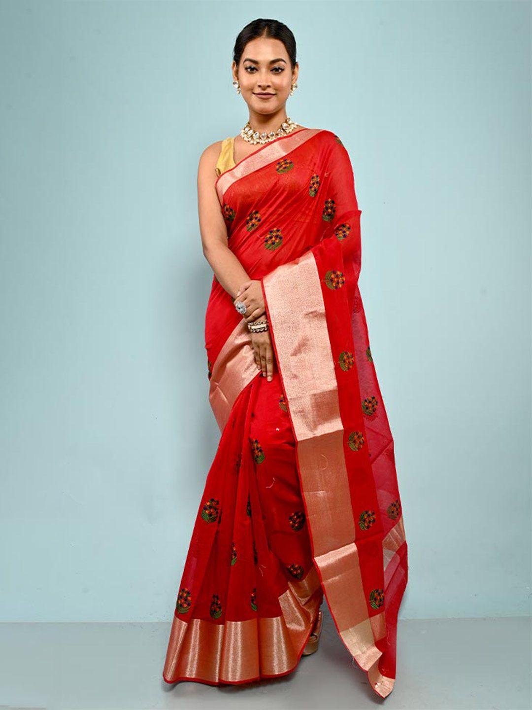 allsilks red floral embroidered zari pure cotton saree