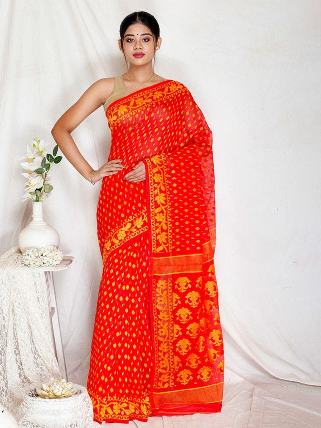 allsilks red floral taant saree