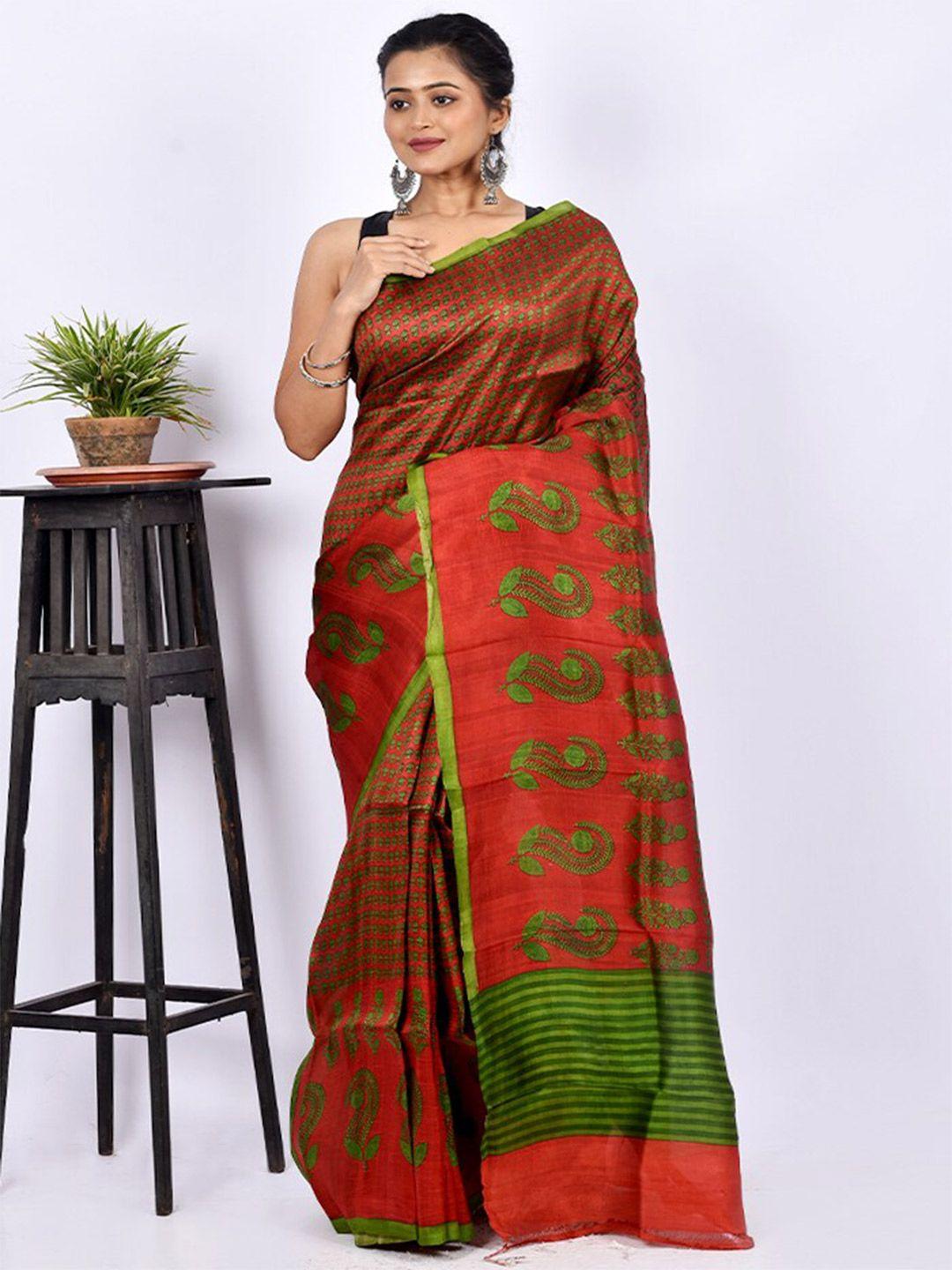 allsilks rust & green floral pure silk block print saree