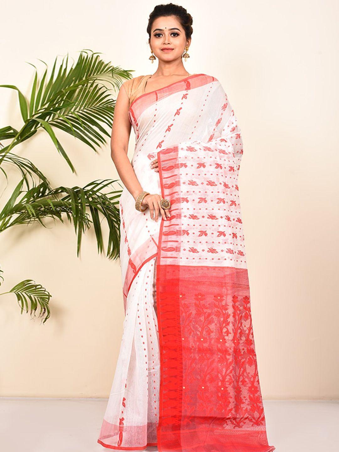 allsilks white & red ethnic motifs pure cotton taant saree