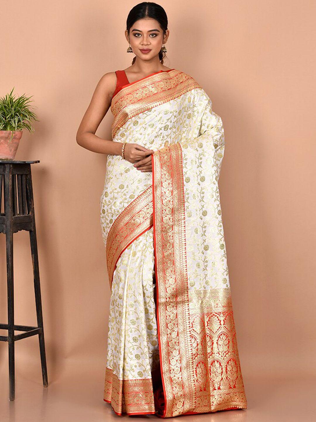 allsilks white & red woven design zari pure silk banarasi saree
