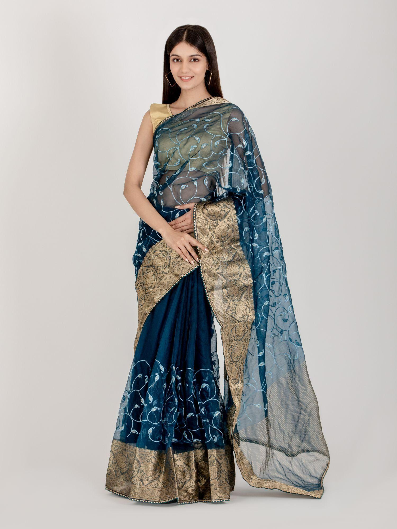 alluring blue organza saree with unstitched blouse