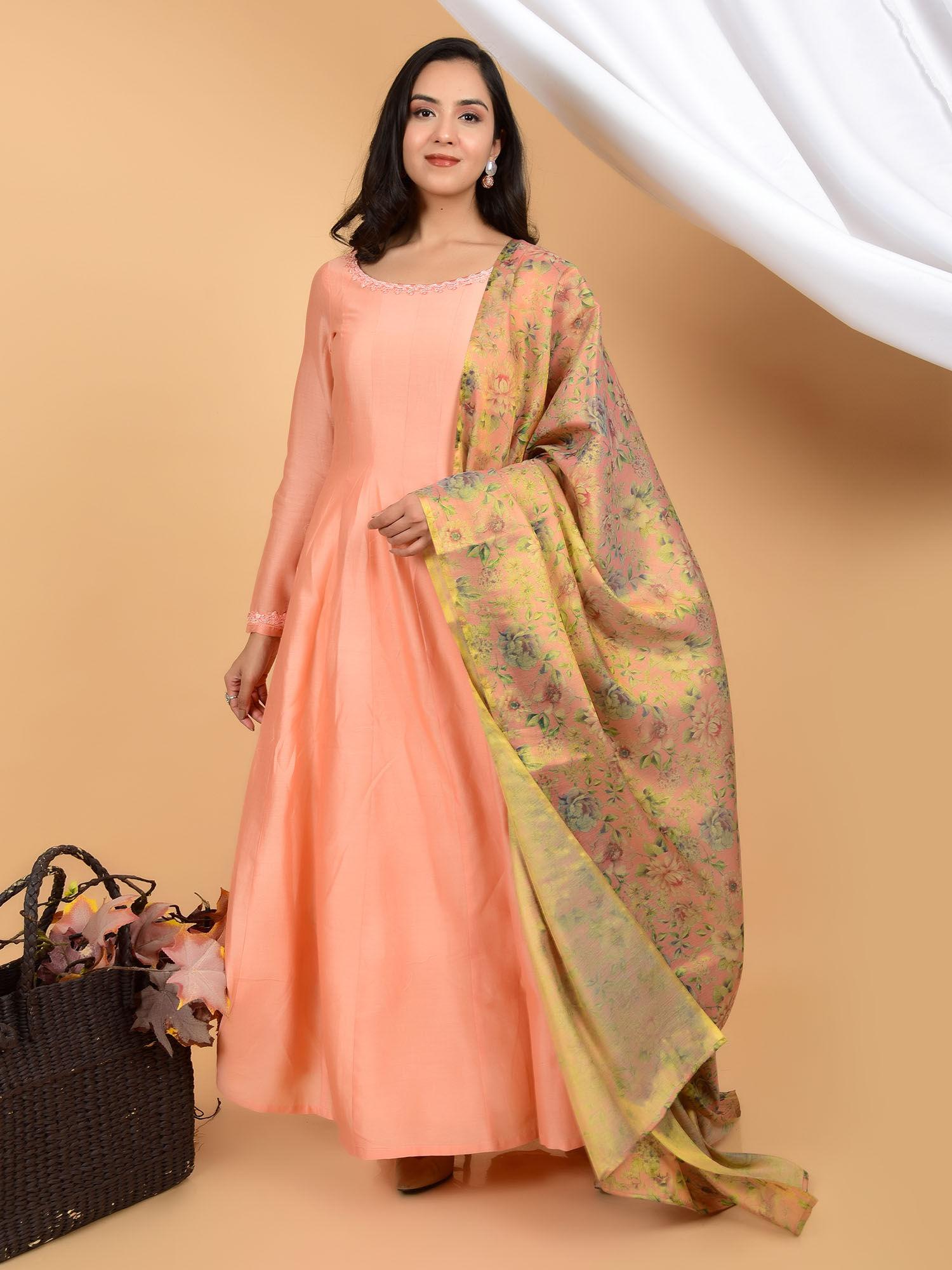 alluring pure chanderi silk anarkali dress with dupatta