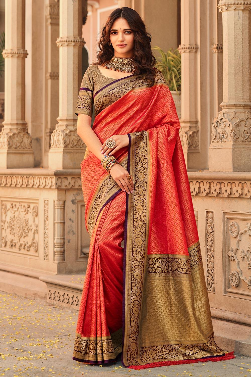 alluring red kanjivaram silk saree with blouse