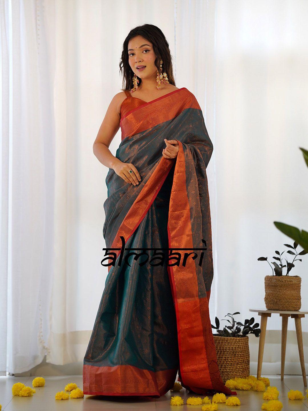 almaari fashion blue ethnic motifs pure silk designer kanjeevaram saree