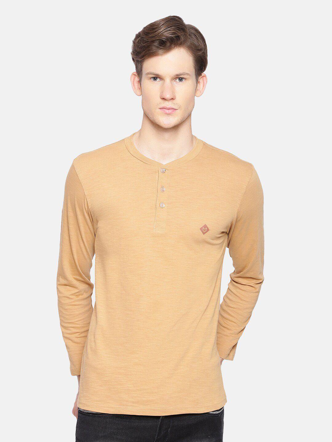 almo wear men beige pure cotton slub henley neck t-shirt