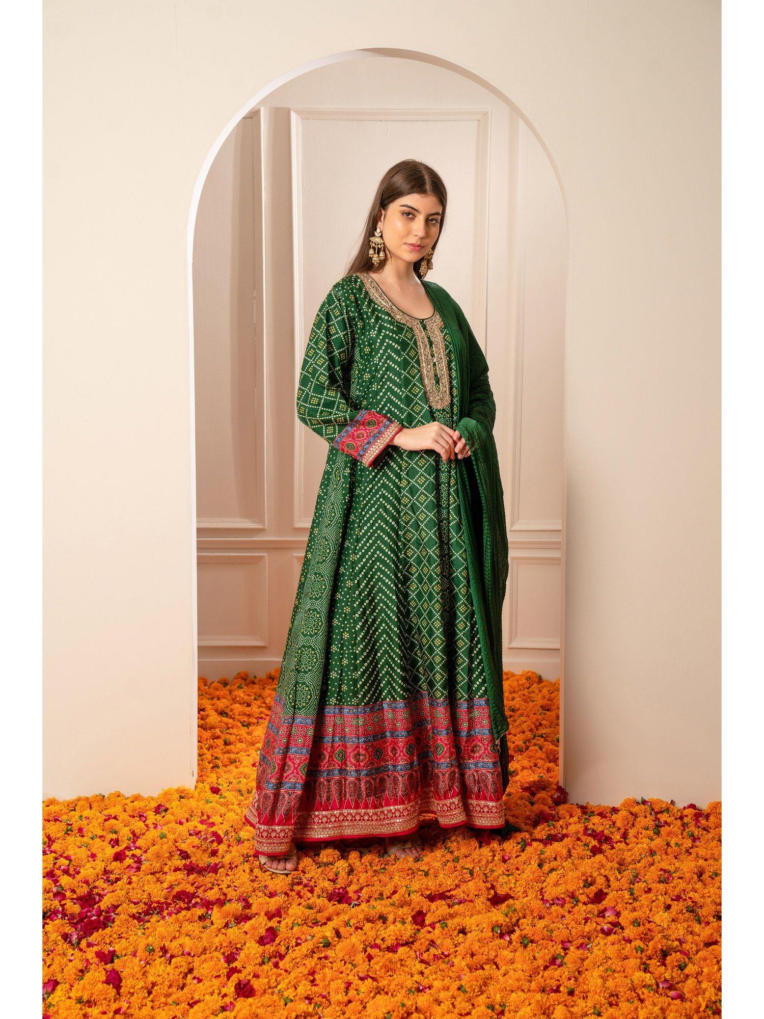 alpine green satin silk printed anarkali with pant and dupatta (set of 3)