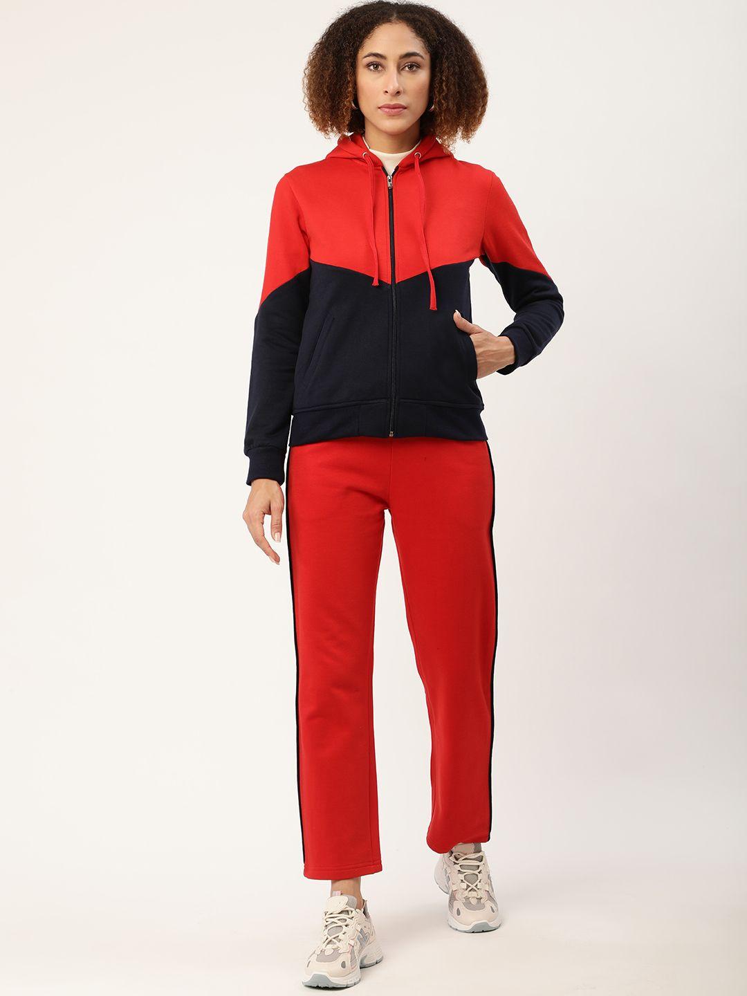 alsace lorraine paris women red & navy colourblocked hooded sweatshirt