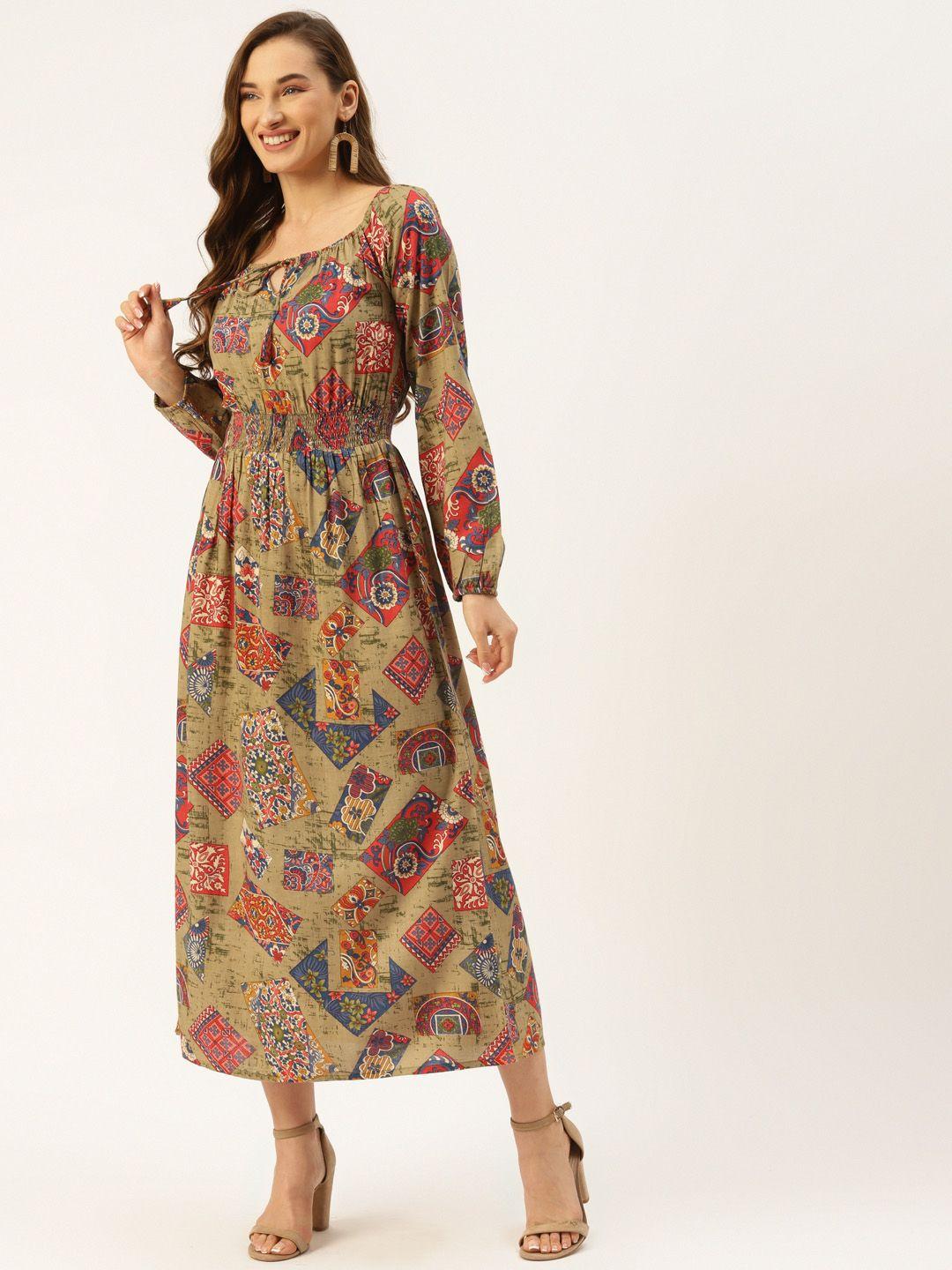 alsace lorraine paris beige & multicoloured ethnic motifs tie-up neck a-line midi dress