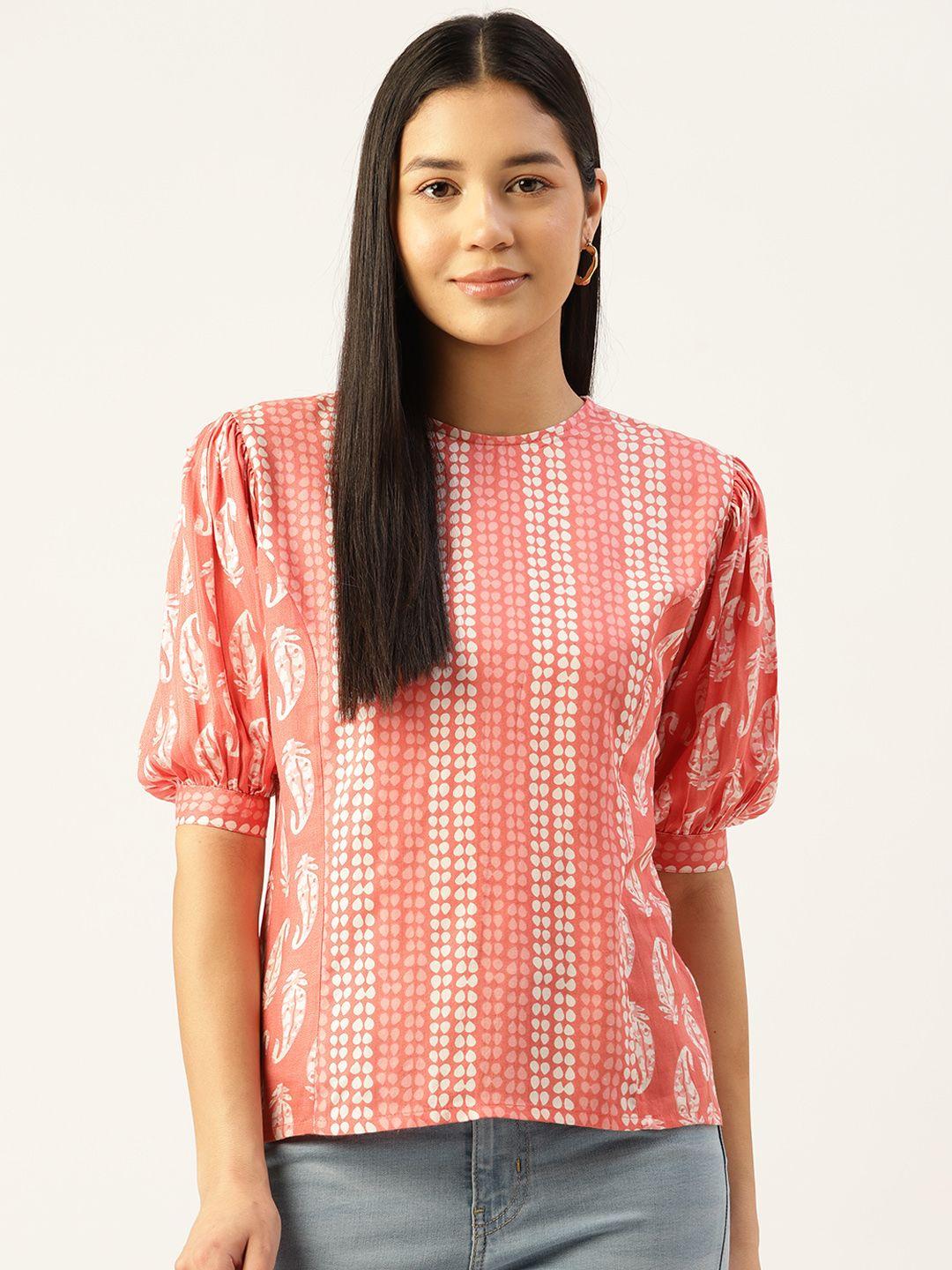 alsace lorraine paris ethnic print puff sleeves crepe top