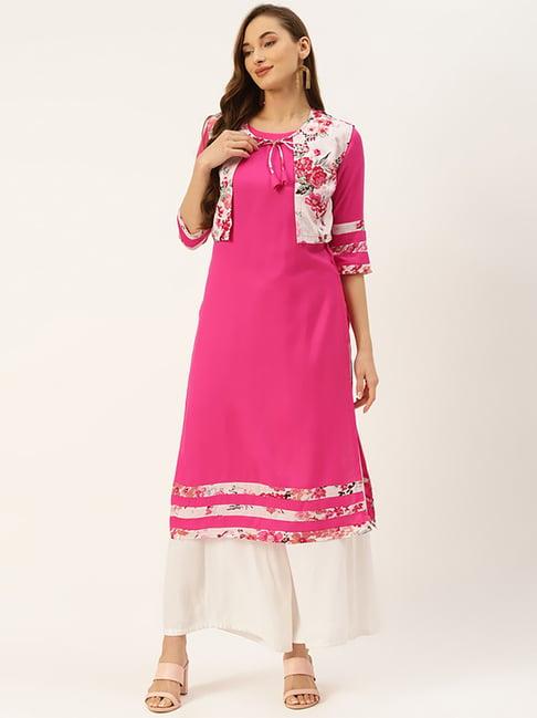 alsace lorraine paris pink printed straight kurta with jacket