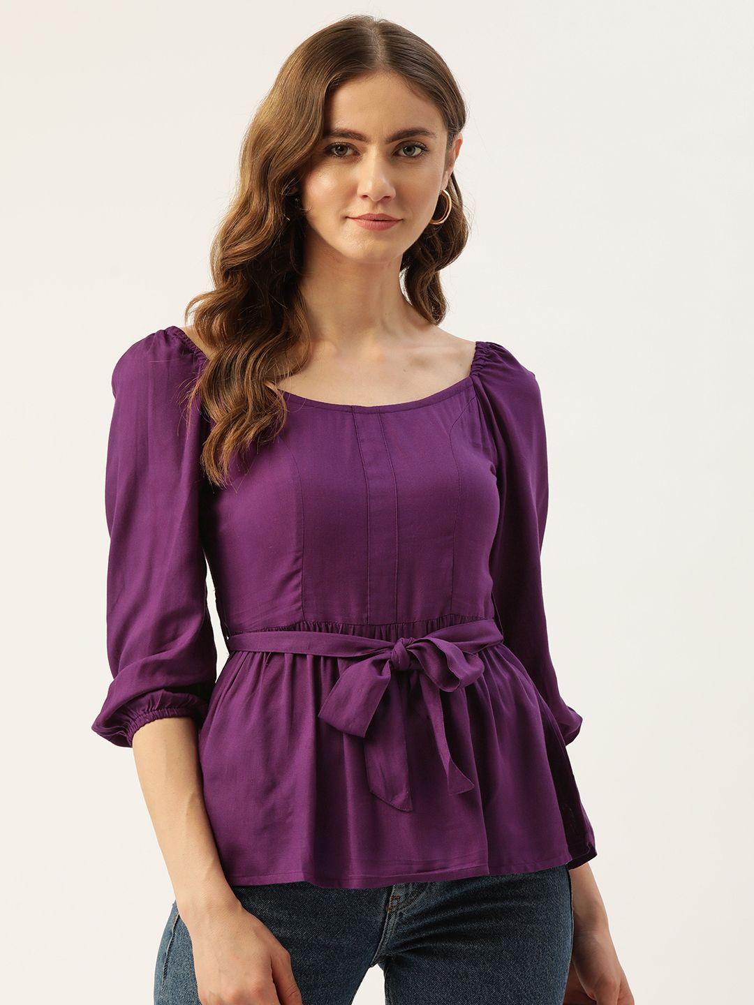 alsace lorraine paris purple solid cinched waist top with belt