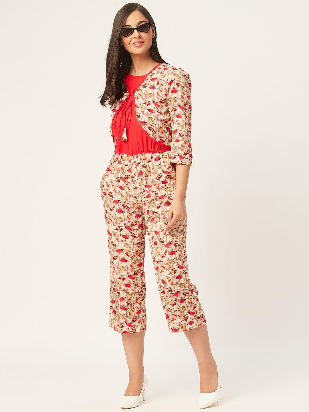 alsace lorraine paris women beige & red printed capri jumpsuit with jacket