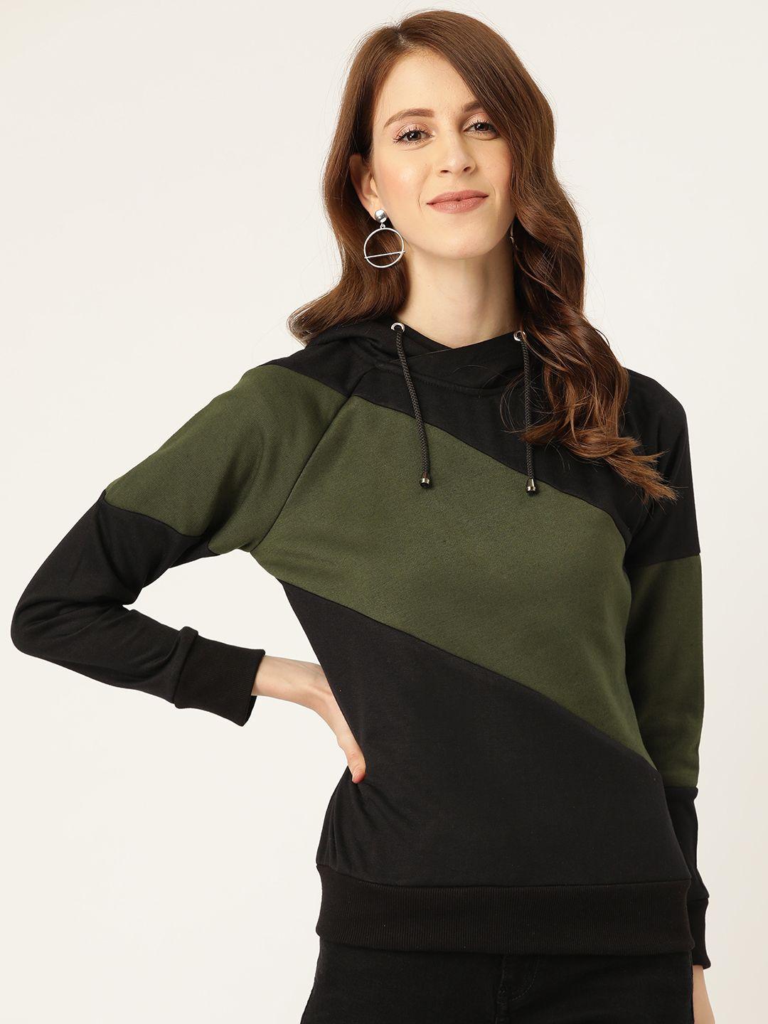 alsace lorraine paris women black & olive green colourblocked hooded sweatshirt