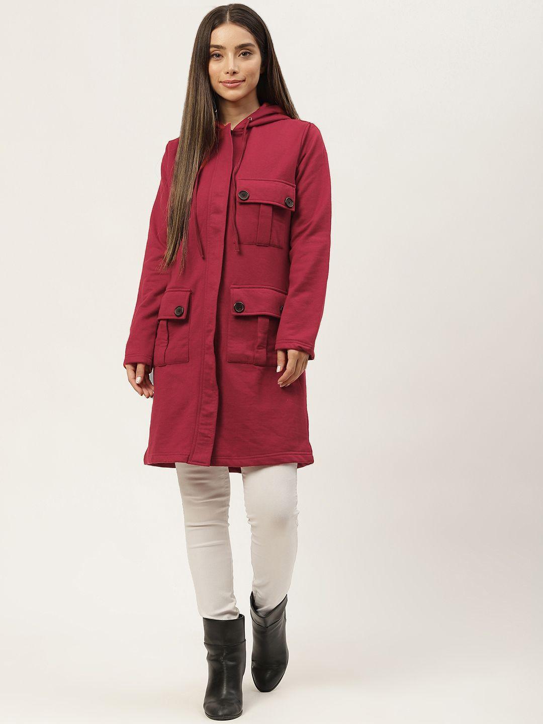 alsace lorraine paris women maroon solid fleece longline hooded overcoat