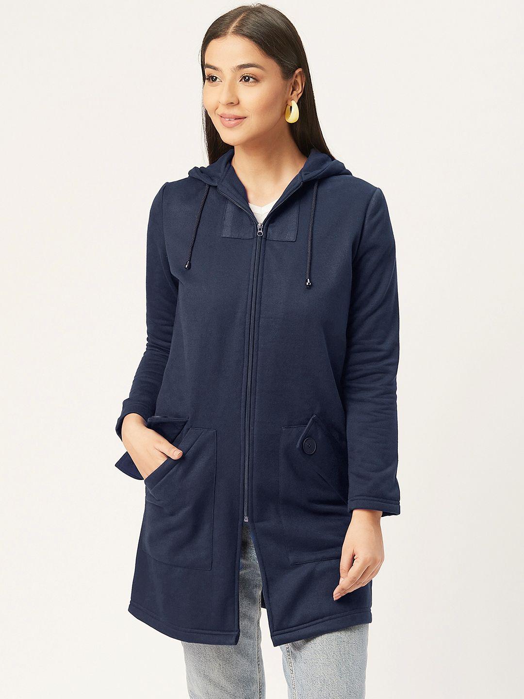 alsace lorraine paris women navy blue solid hooded longline sweatshirt