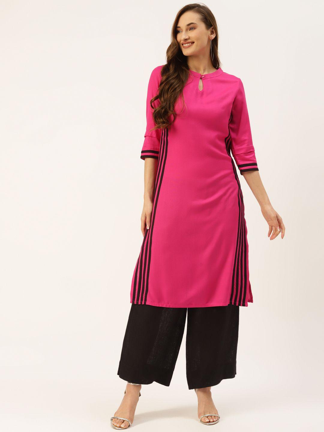 alsace lorraine paris women pink & black striped keyhole neck kurta