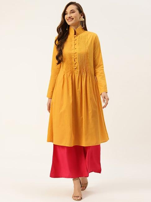 alsace lorraine paris yellow cotton printed a line kurta