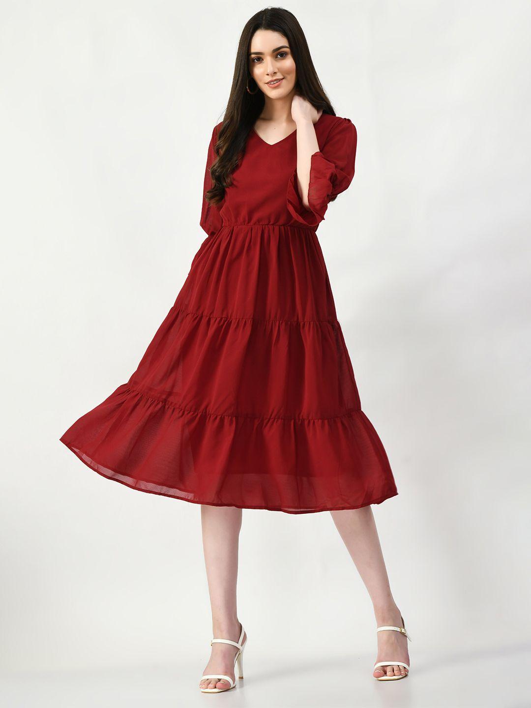 altiven maroon bell sleeve georgette fit & flare midi dress