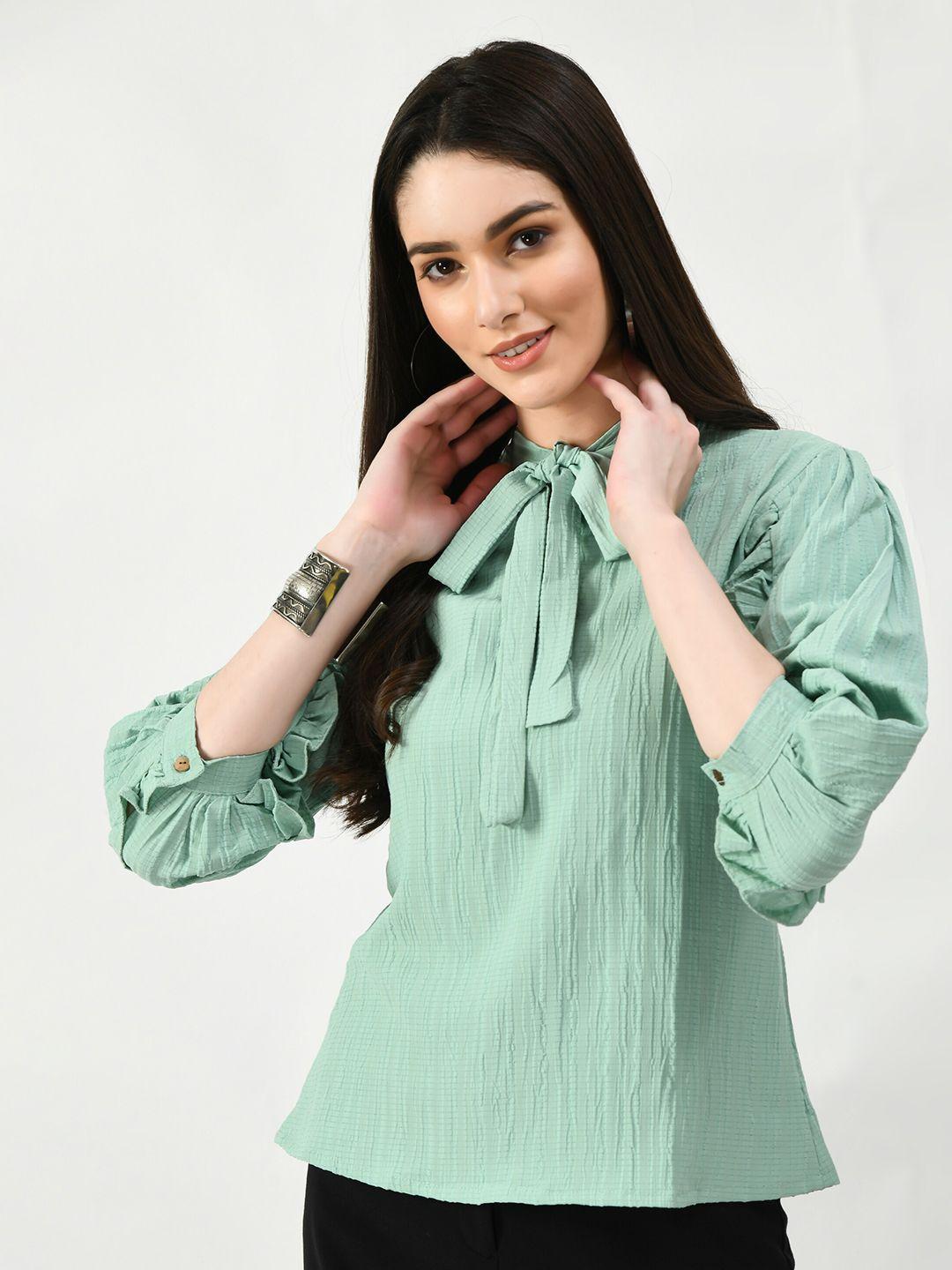 altiven olive green tie-up neck victorian shirt style top