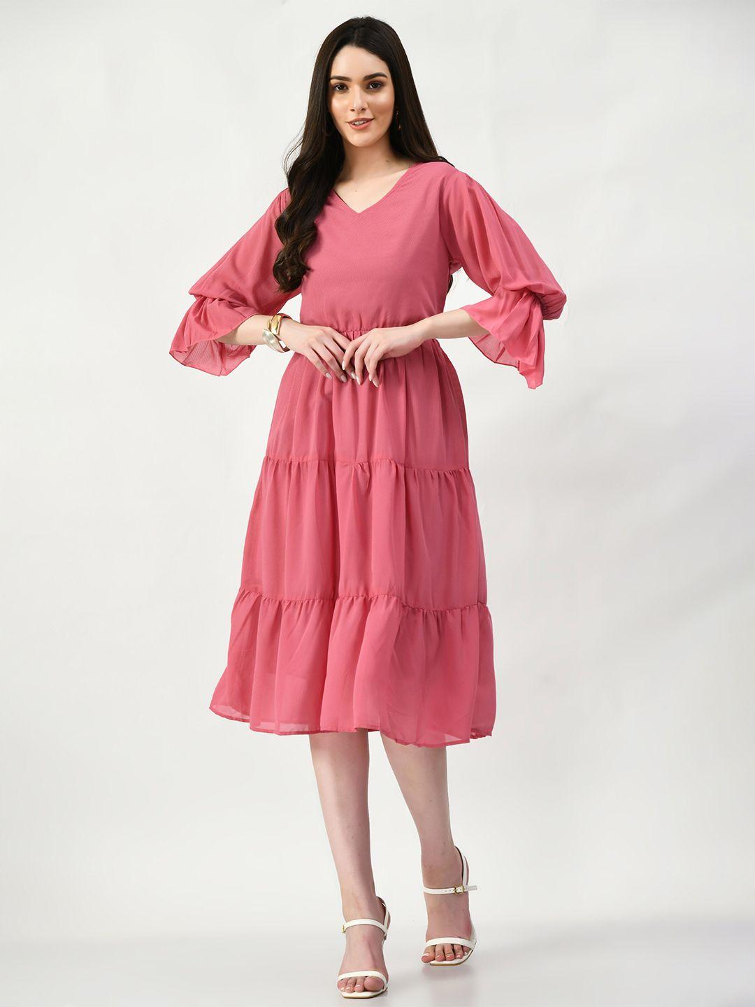 altiven pink bell sleeve georgette fit & flare midi dress