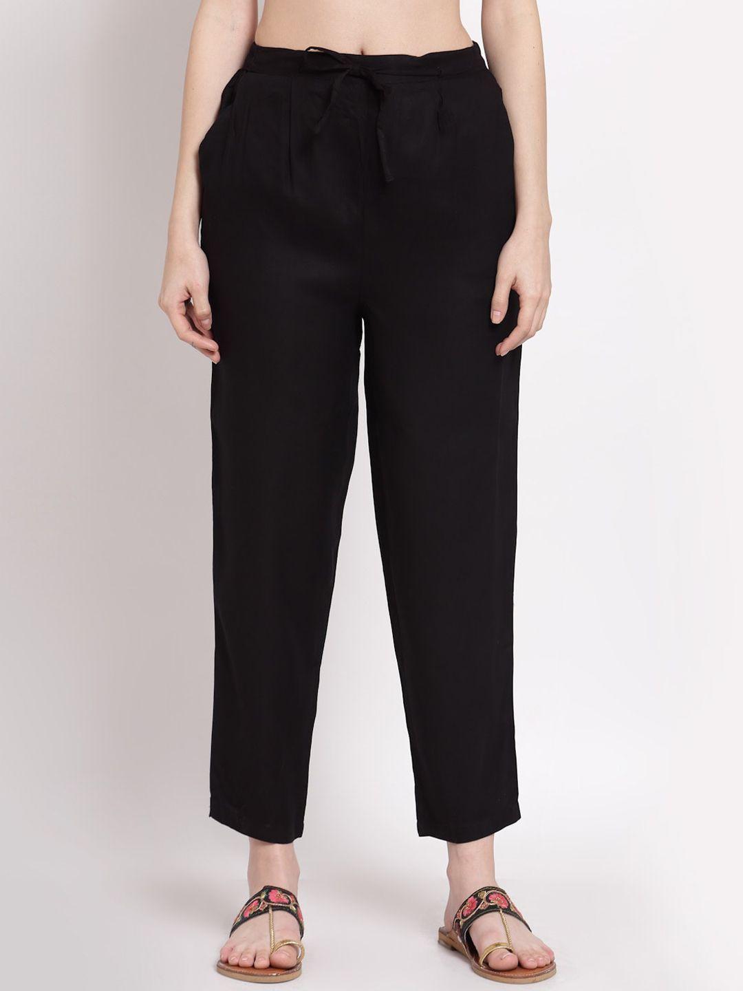 altiven women black solid cotton pleated trousers