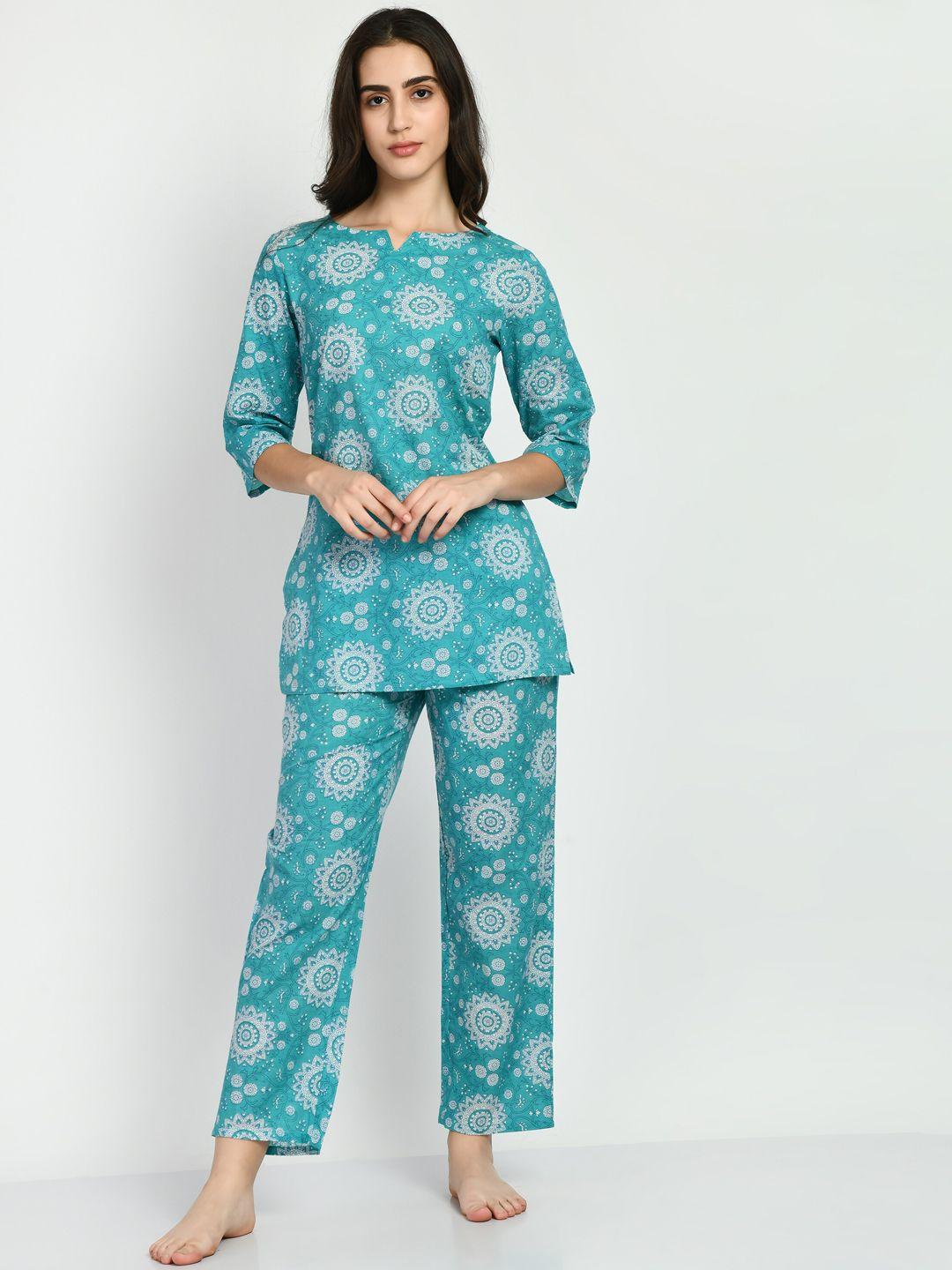 altiven women blue & white printed night suit