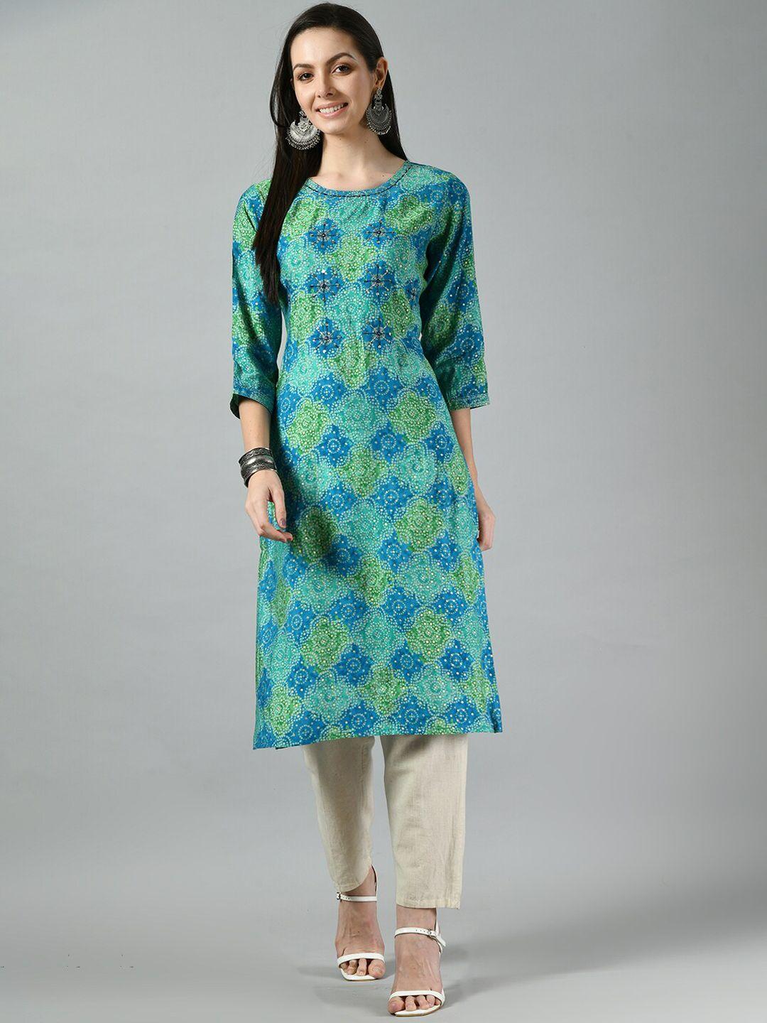 altiven women green geometric printed flared sleeves gotta patti kurta