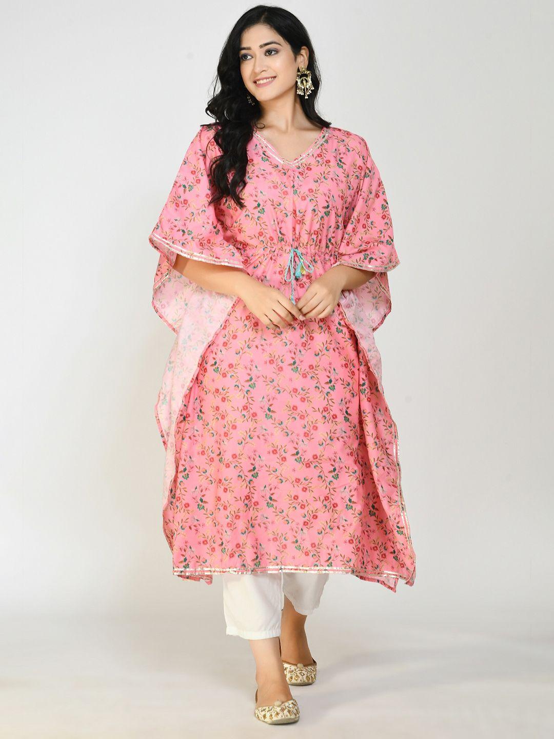 altiven women pink & green floral printed kaftan kurta