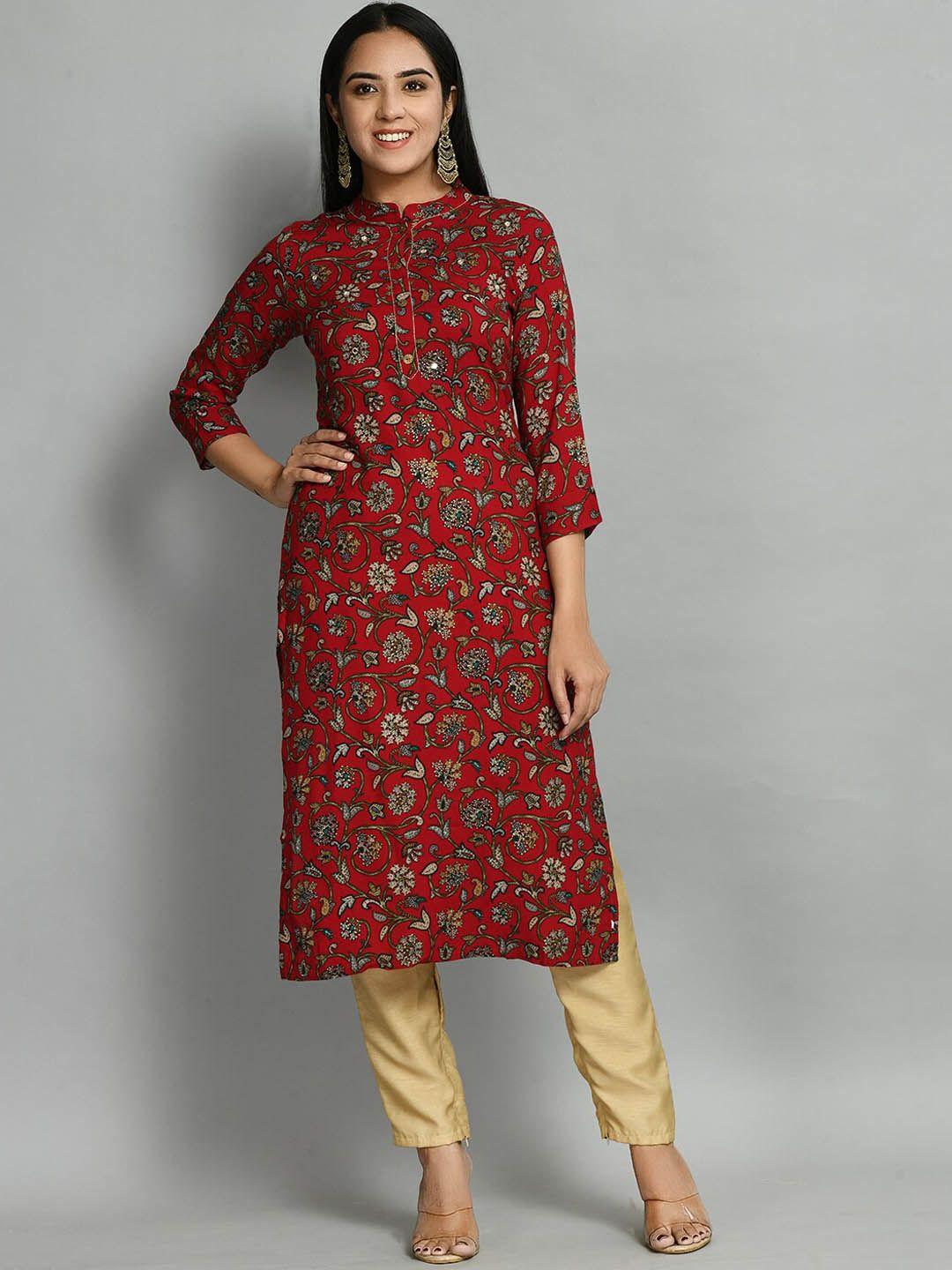 altiven women rust floral printed keyhole neck sequinned kurta