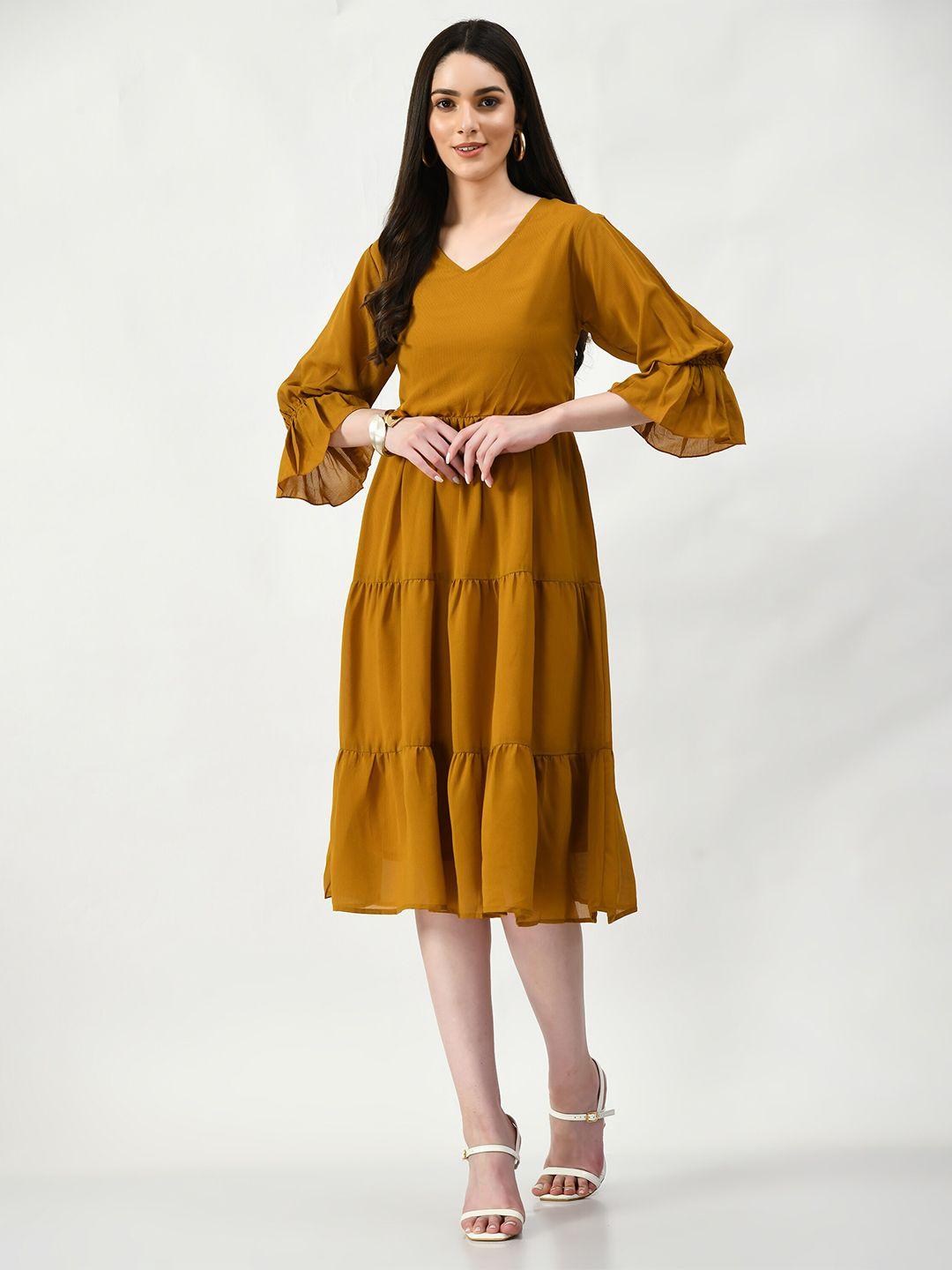 altiven yellow bell sleeve georgette empire midi dress