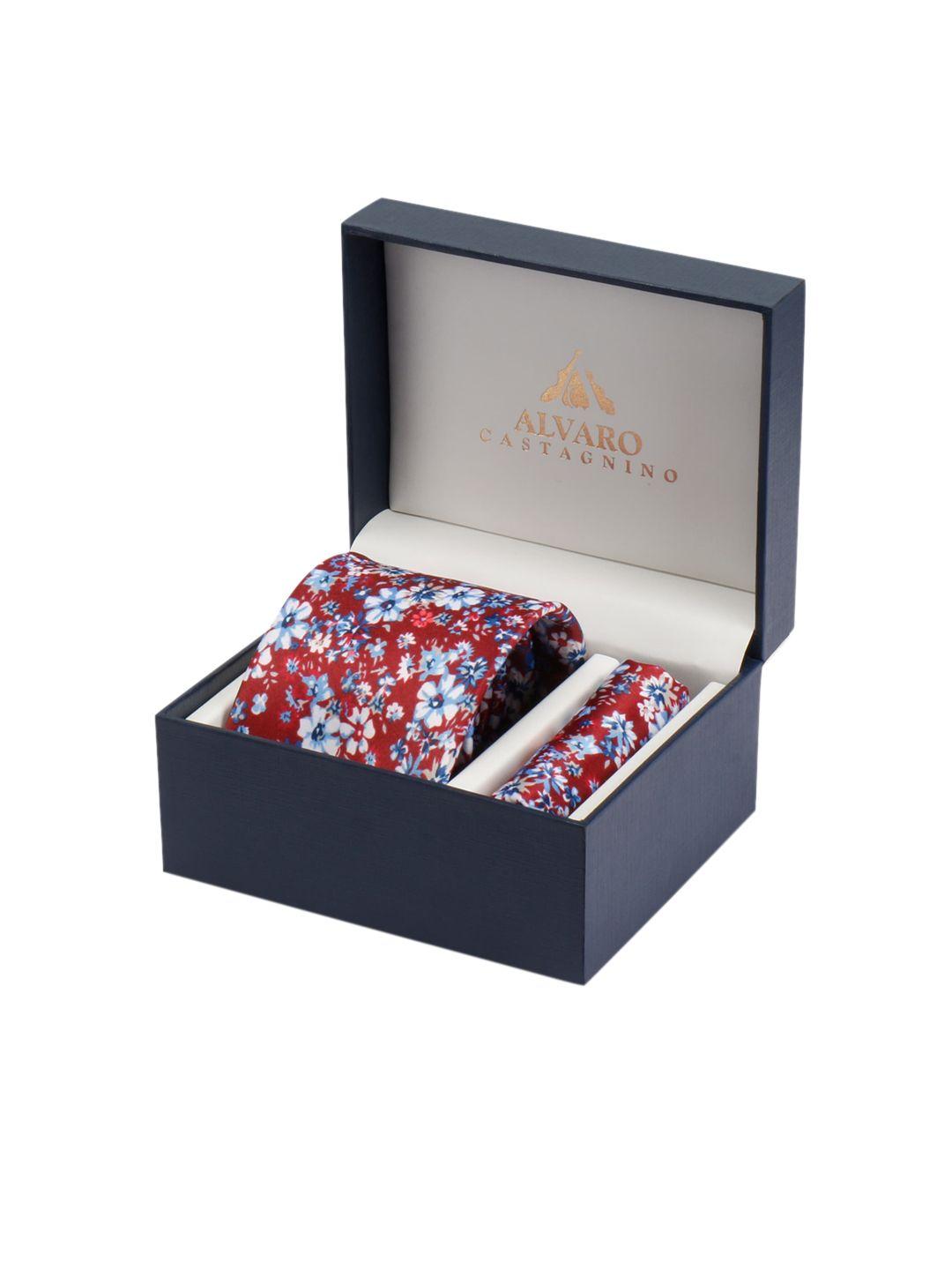 alvaro castagnino men maroon & blue floral printed microfiber accessory gift set
