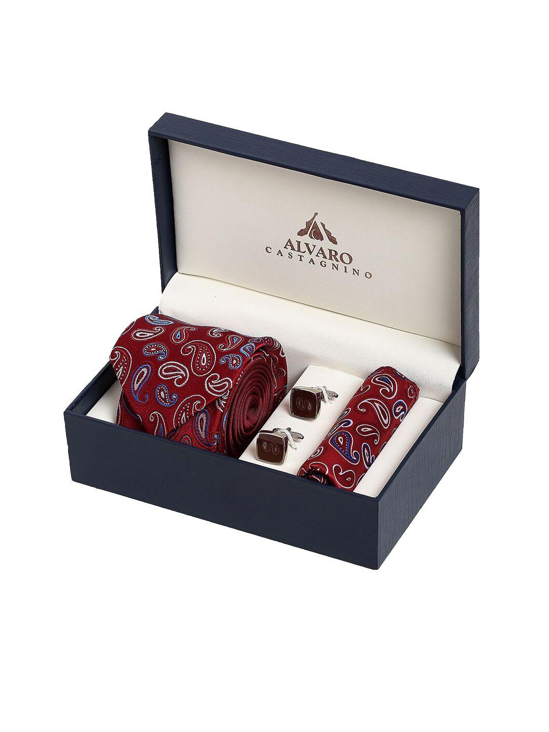 alvaro castagnino men maroon & blue printed accessory gift set