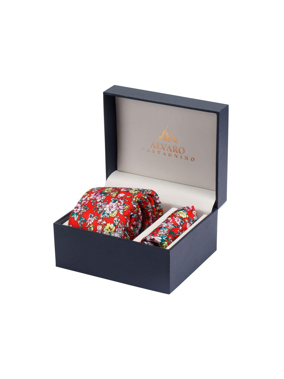 alvaro castagnino men red & green floral printed microfiber accessory gift set