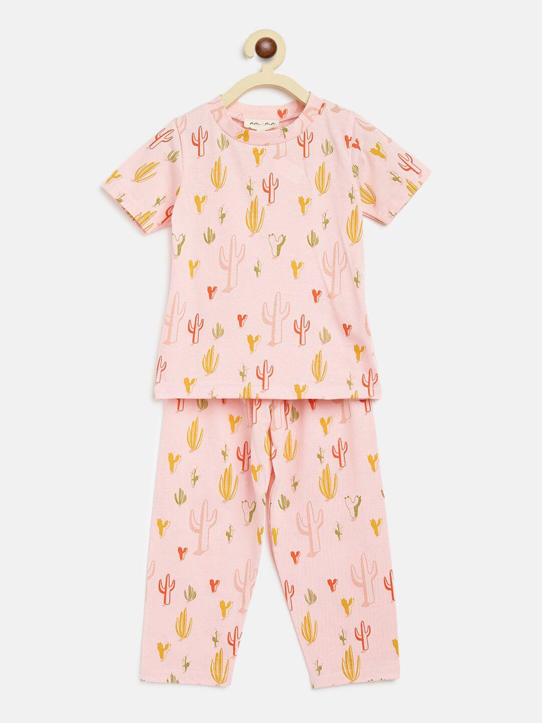 am ma unisex kids peach-coloured & yellow printed t-shirt with pyjamas