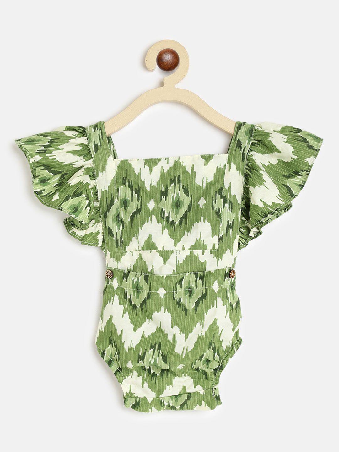 am ma kids green & white printed rompers