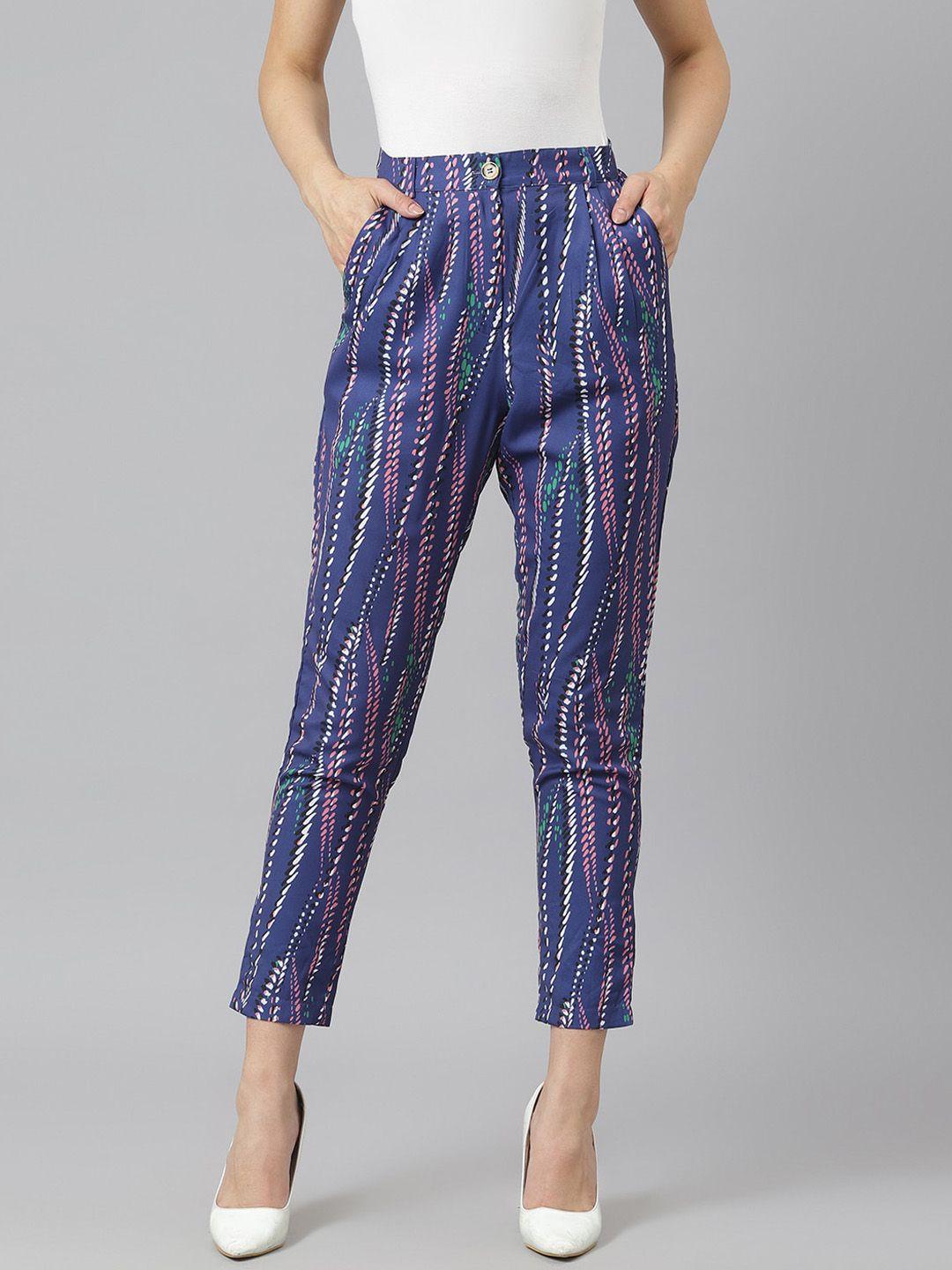 am ma women blue printed regular fit trousers