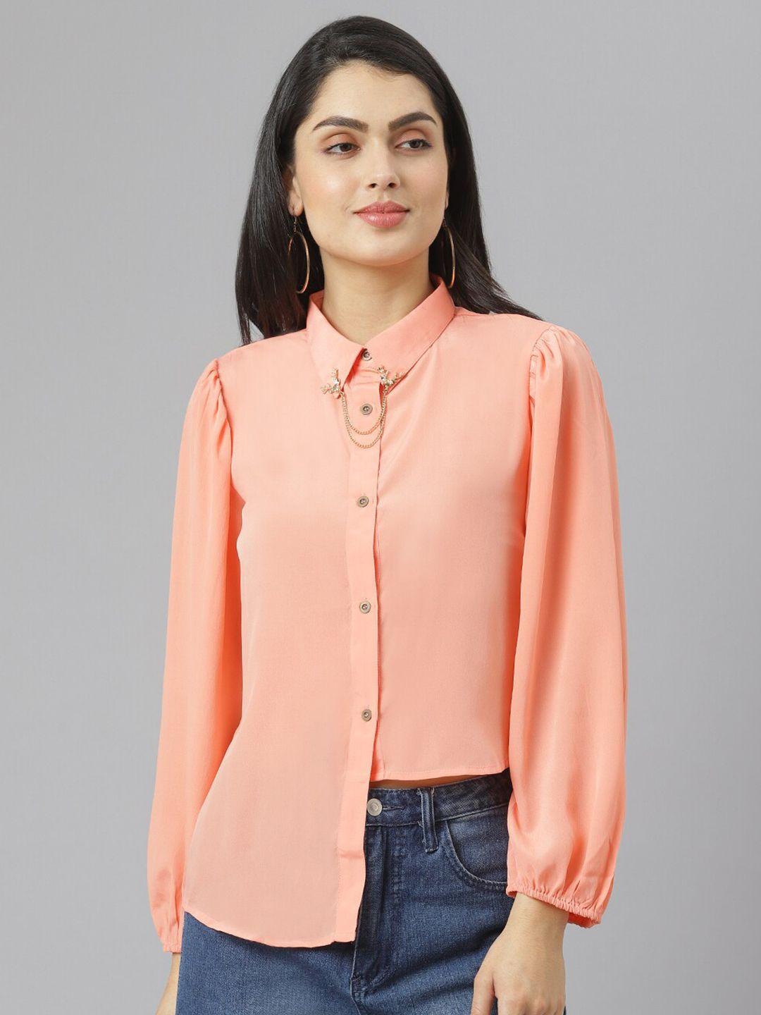 am ma women peach-coloured opaque casual shirt