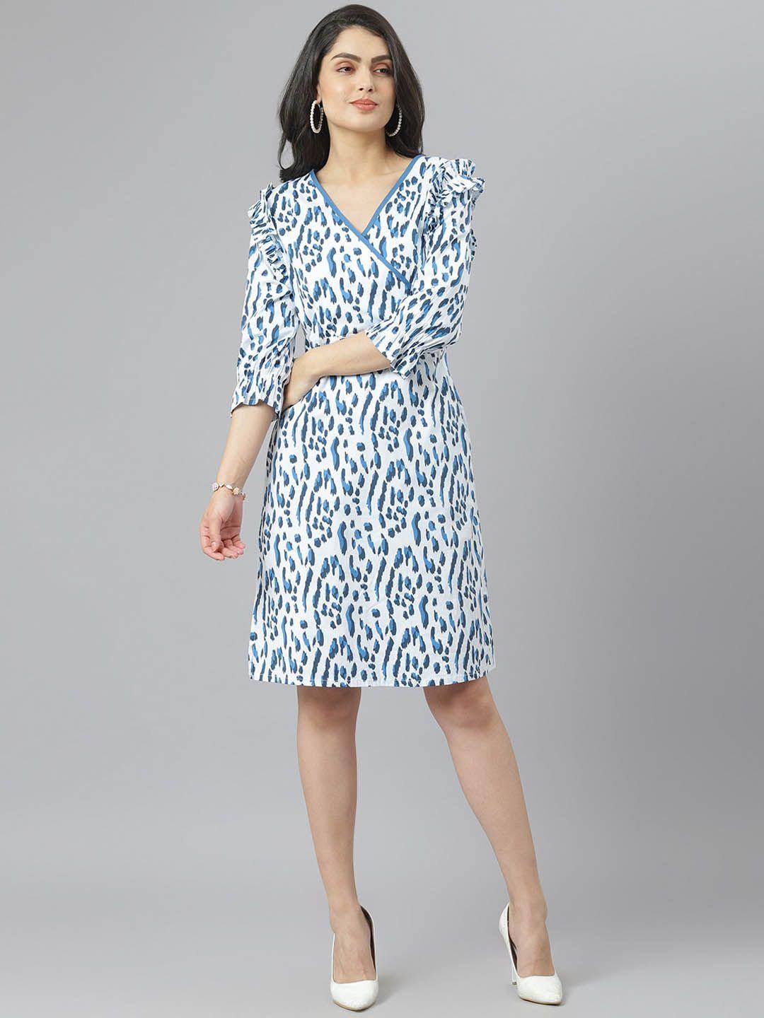 am ma women white & blue printed cotton wrap dress