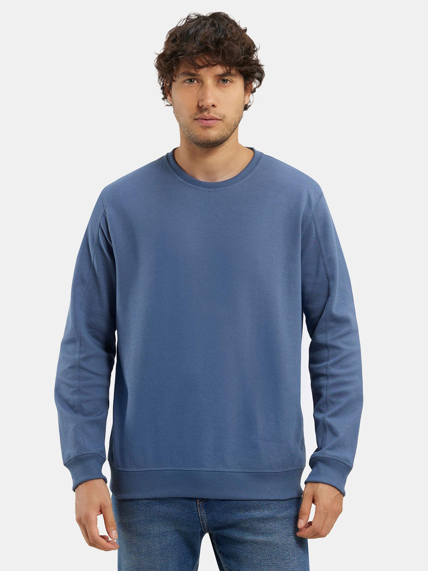 am48 mens cotton rich pique sweatshirt with ribbed cuffs-blue