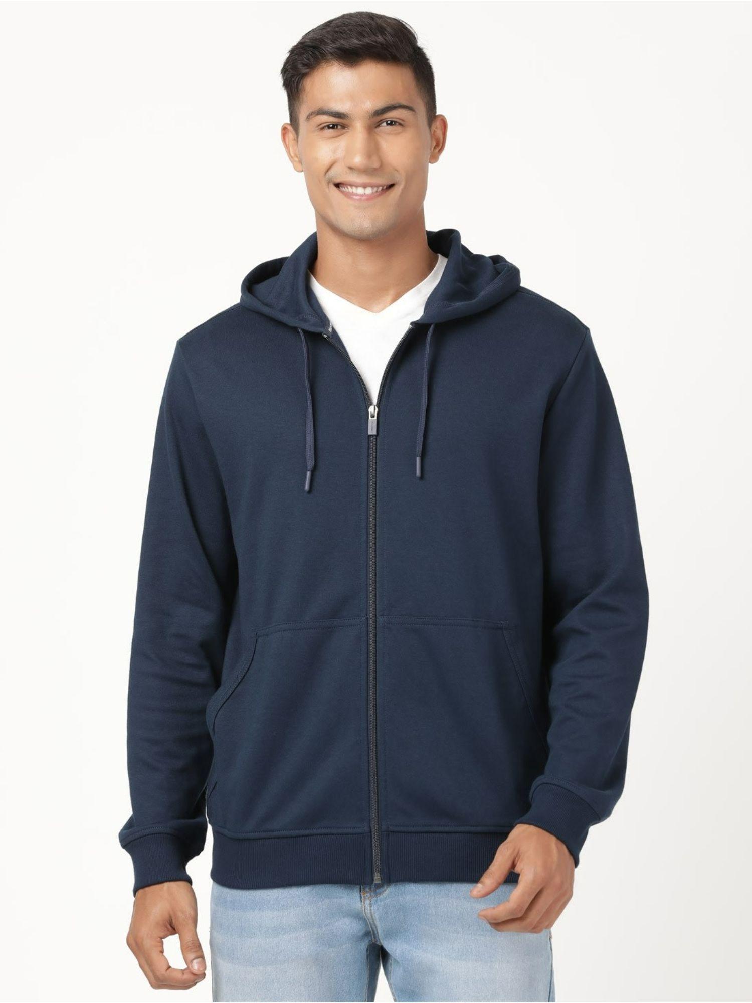 am61 mens cotton rich pique solid hoodie jacket with ribbed cuffs-blue