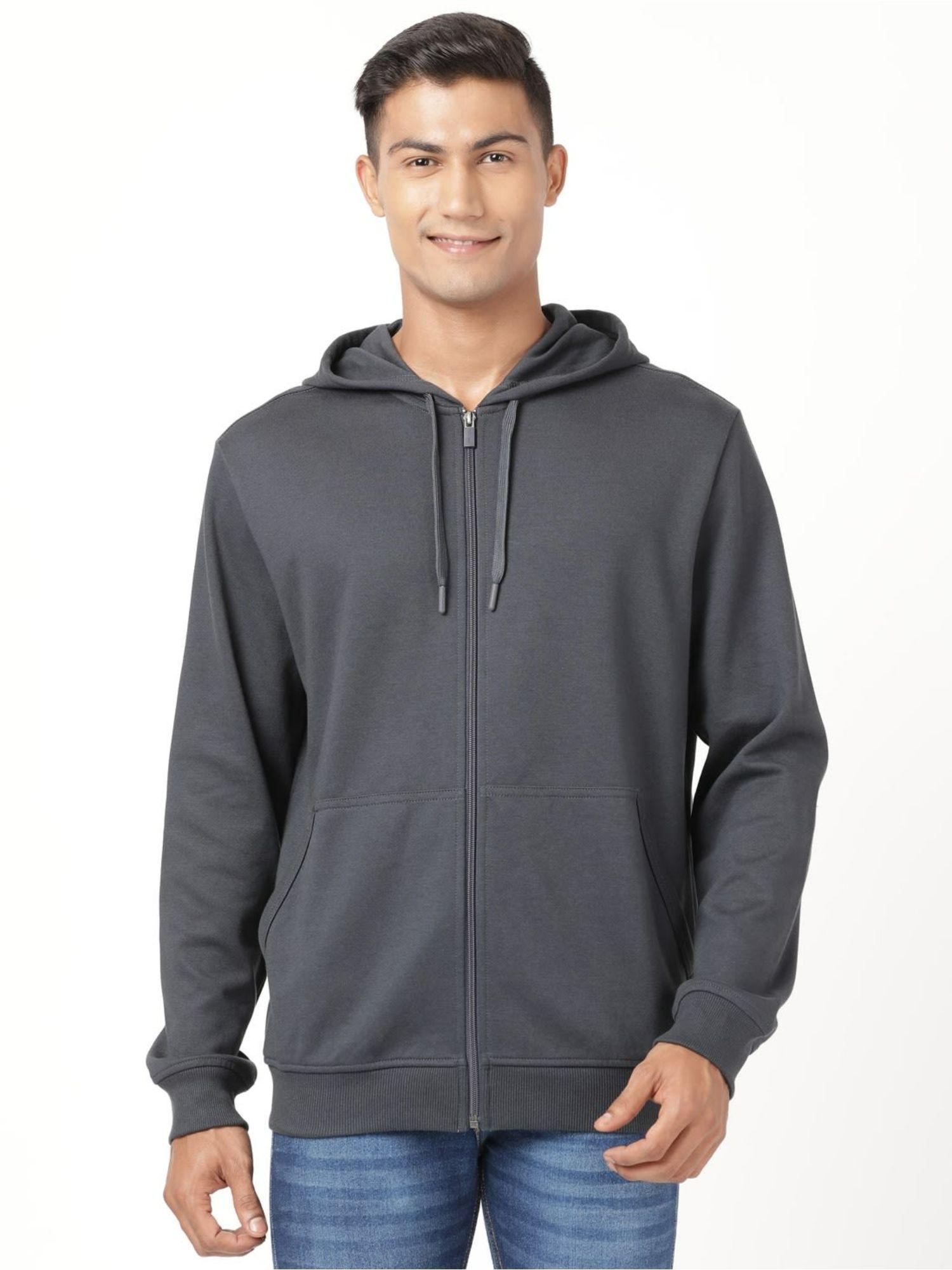 am61 mens cotton rich pique solid hoodie jacket with ribbed cuffs-grey